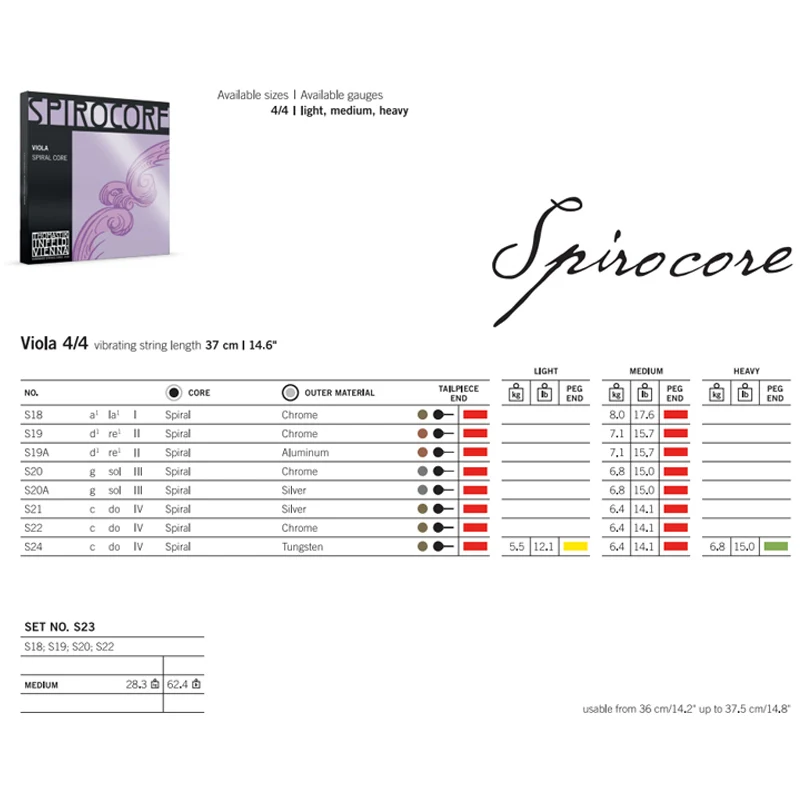 Jeu de cordes pour alto Thomastik-Infeld SPIROCORE S23, taille 4/4, noyau spiralé chromé résistant à la corrosion, tension moyenne, extrémité à boule