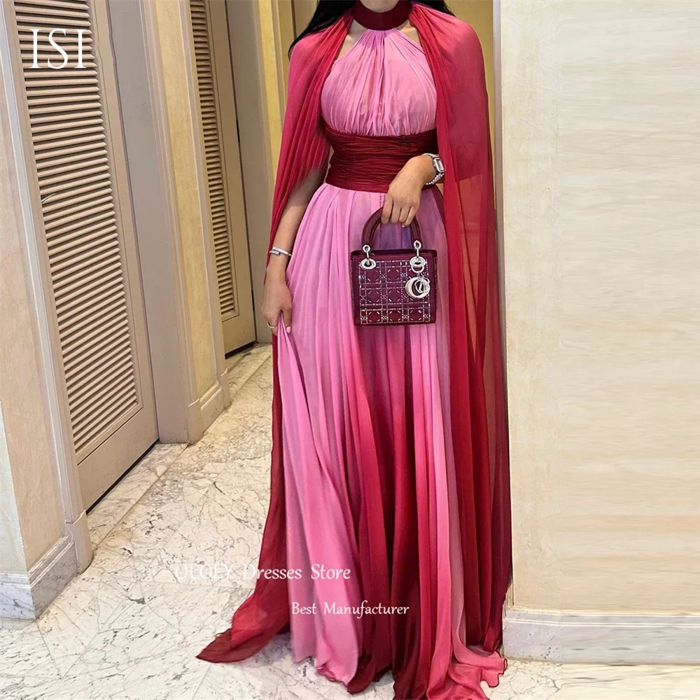 ISI Saudi Arabic Red Pink Gradient Evening Dresses Long Cape Jacket High Neck Floor Length Prom Gowns Long Formal Party Dress