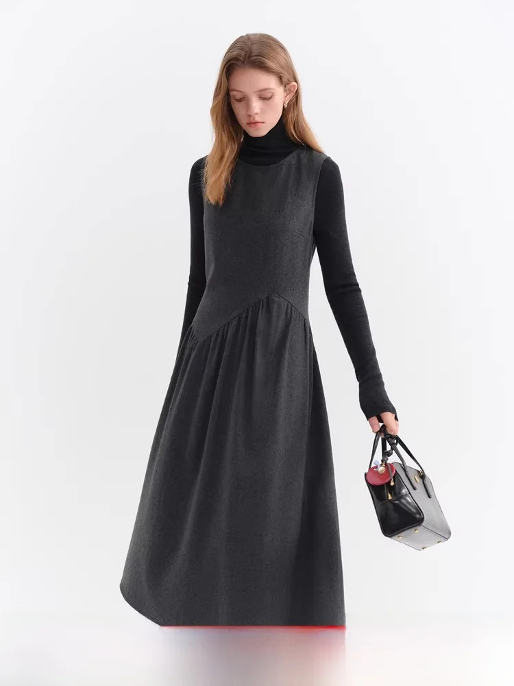 

ay Woolen Svel Dr Women's Winter New Sle A-Line Skirt Vest Long Dr Casual Loose Waist Non-Fading Ci Commute