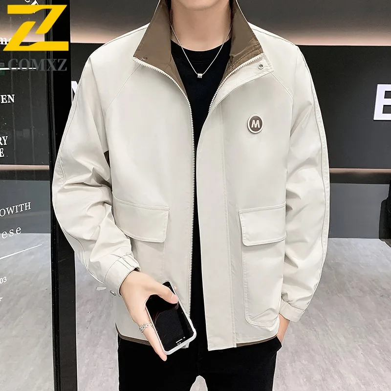

COMXZ Men's New Spring Autumn Water Repellent Wear Resistant Stand Collar Loose Fit Jacket for Middle aged Young Men Large Size