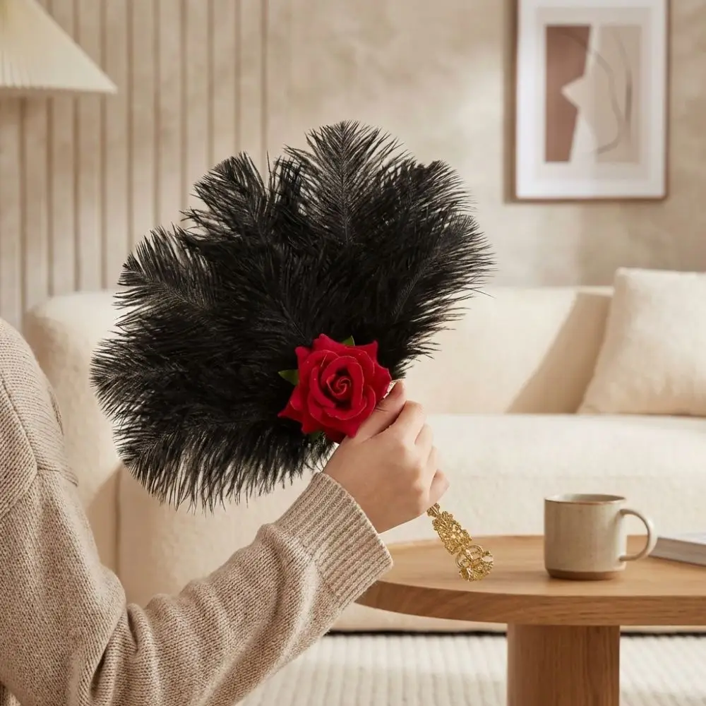 Gold Handle Ostrich Feather Fan Handmade Craft Soft Fluffy Feather Rose Fan Artificial Rose Cosplay Props Fan Dance Performance