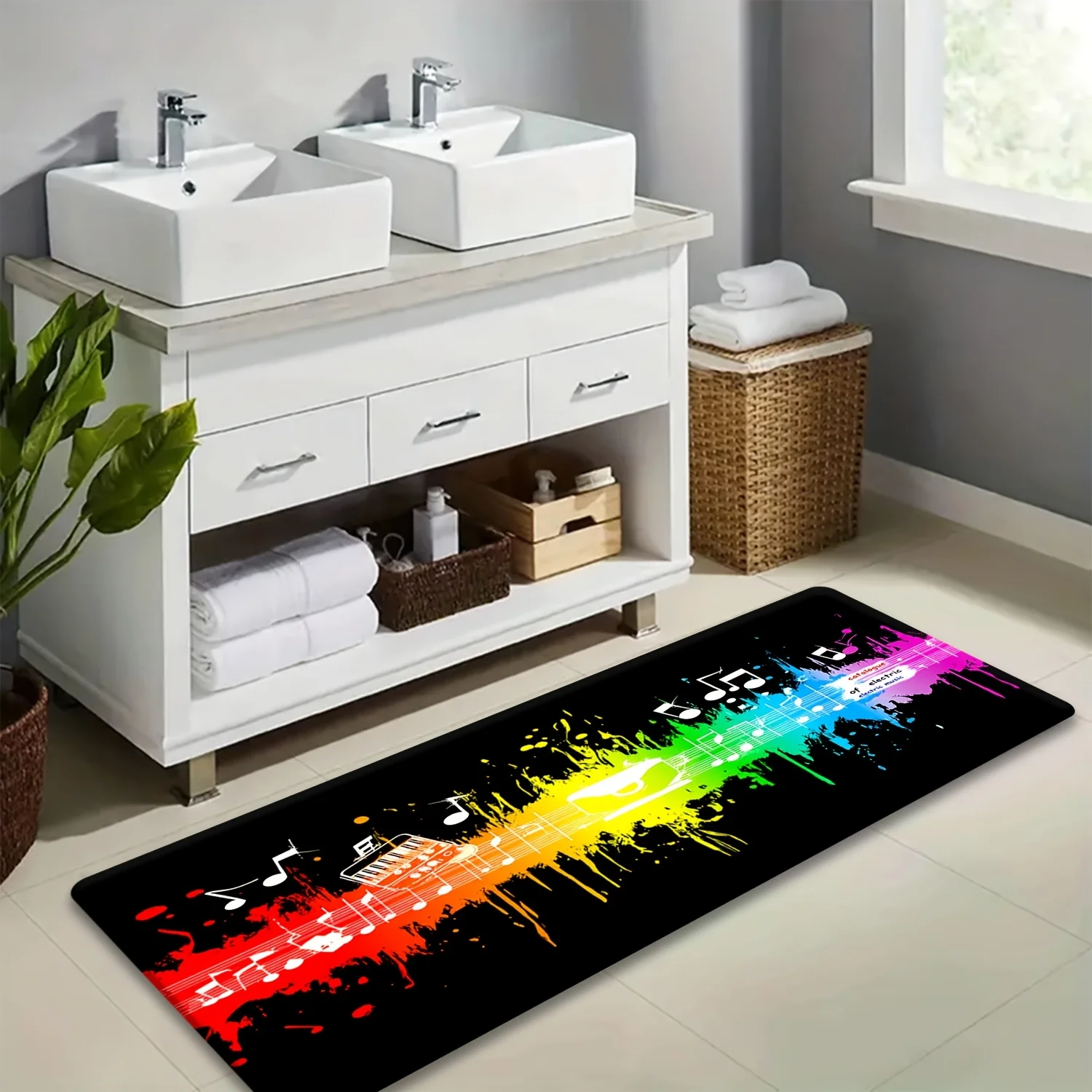 1pc 100% Polyester Electronic Music Rainbow Element Long Runner Rug, Indoor Non-Slip Carpet, Machine Washable and Fade-Resista