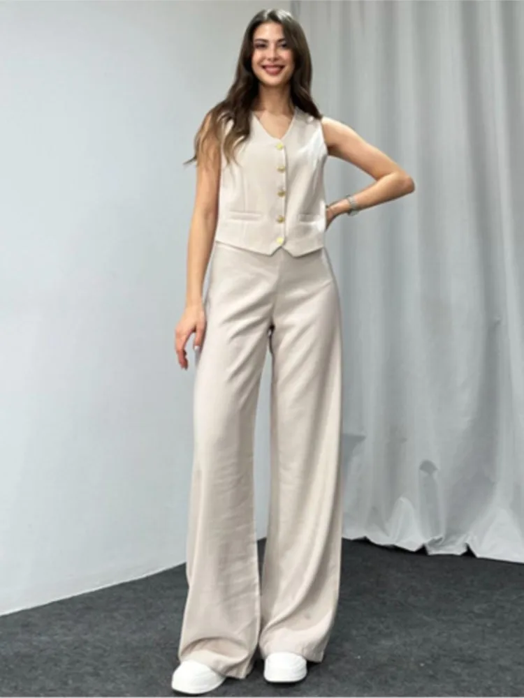 

V-neck Slim Tank Top And Wide Leg Pant Two Piece Set Single Breasted Vest And Long Trouser Simple Office Lady Women Suit 2024