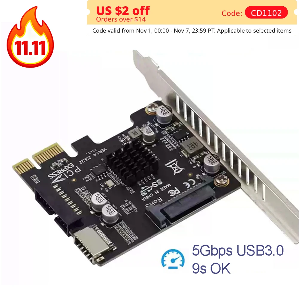 PCIe to USB 3.0 Expansion Card with Type-E Type-C Front Panel 19Pin 20Pin Self-Powered with Fuse for Desktop PC
