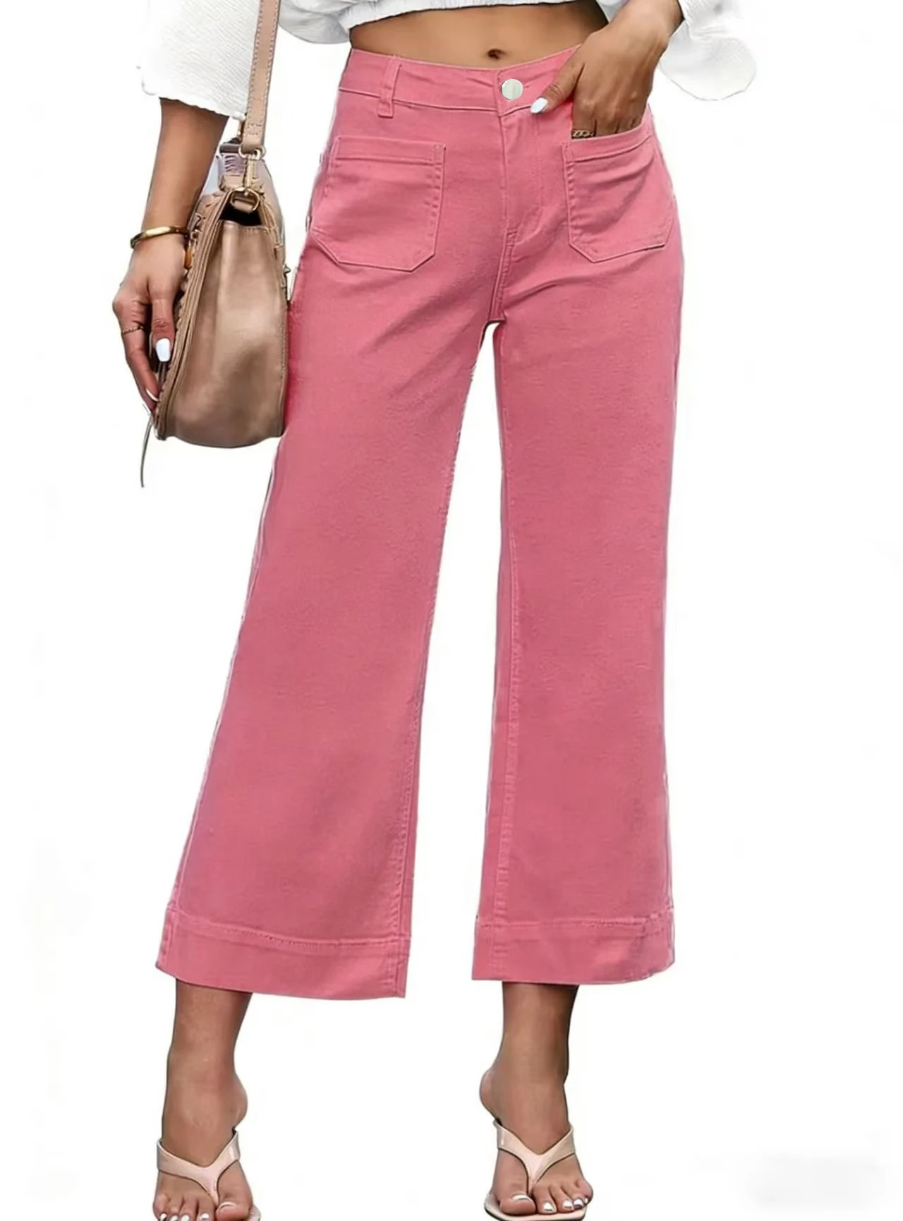 

Ladies High-Waist Wide-Leg Jeans Pink with Front Pocket Design Versatile Drapey Casual Nine-Foot Long Pants