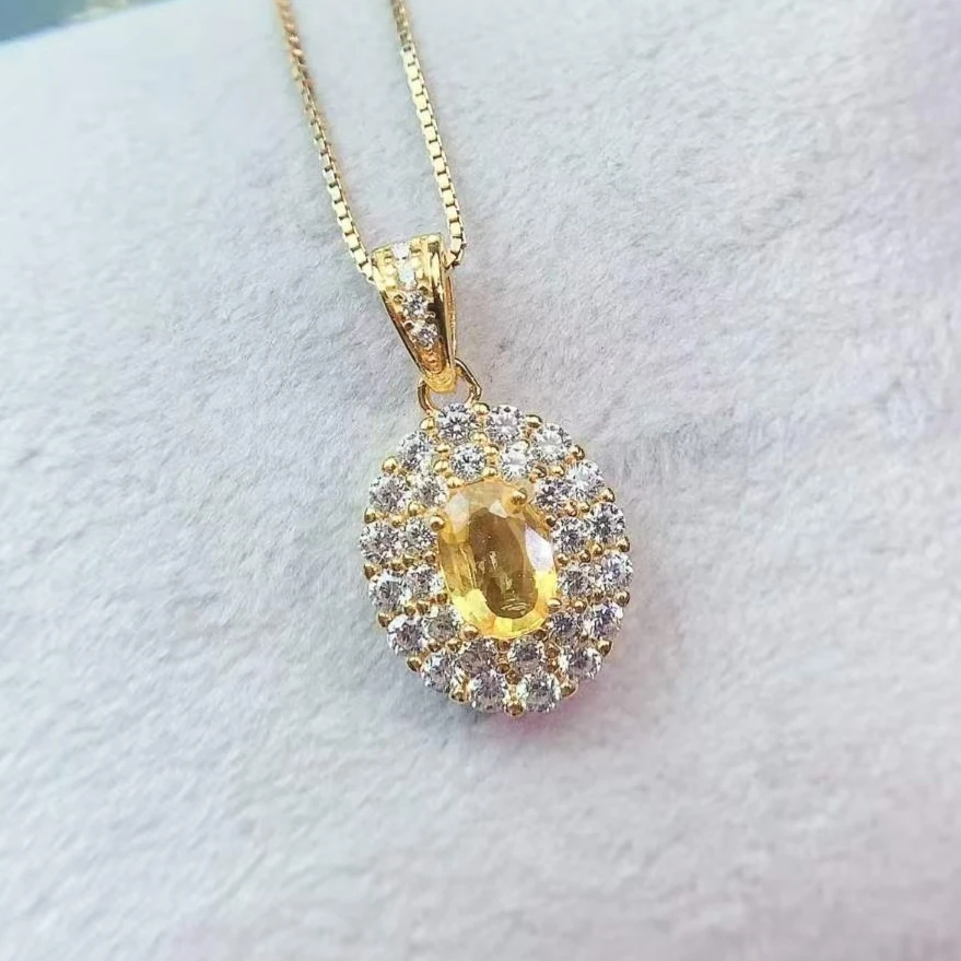 

925 Silver Natural 4x6mm Yellow Sapphire Pendant Certified Fine Jewelry Gold Plated Double Halo Gemstone Necklace Pendant