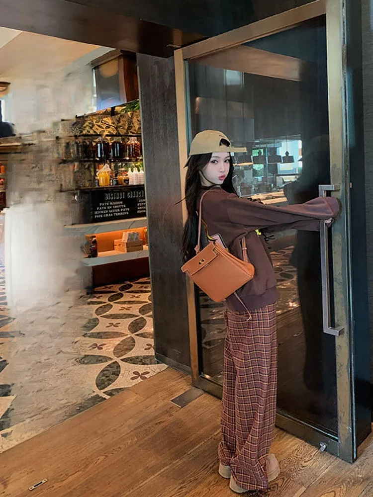 

Женские широкие брюки в клетку с высокой талией, свободные, струящиеся, повседневные, в уличном стиле, с простым узором, прямого кроя, из хлопка