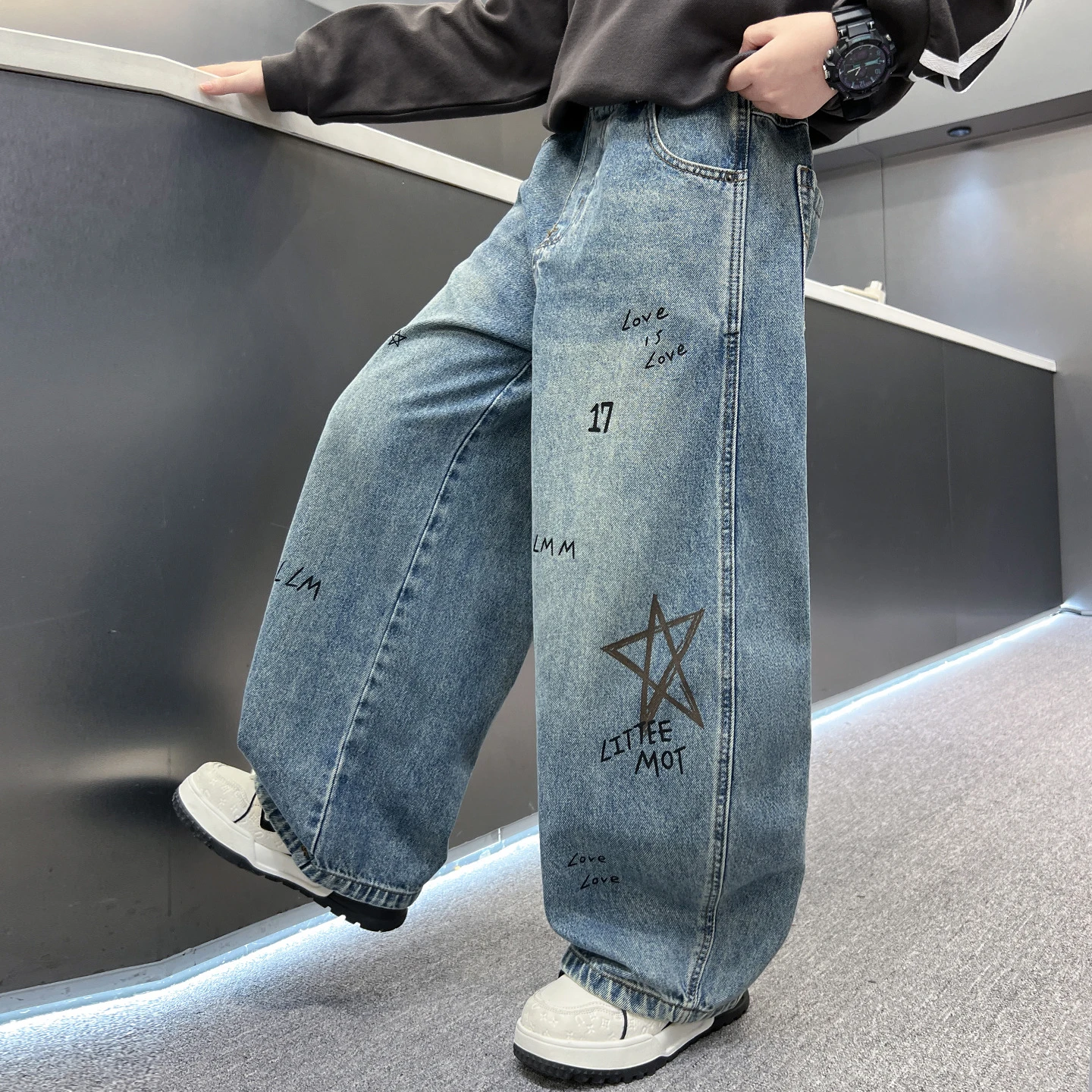 Boys Autumn Jeans Pants Spring Kids Wide Leg Straight Trousers Loose-Fit Casual Trousers Children's Trendy Sweatpants 5-14Y