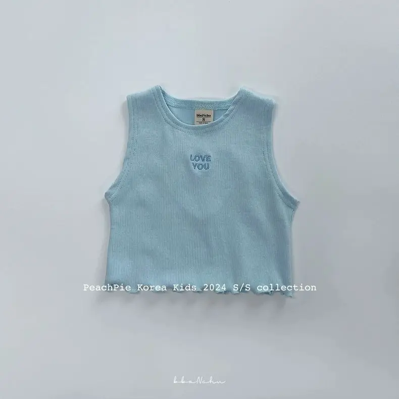Korea Summer Kids Clothes Baby Girls Vest Cute Hollow Heart Pink Blue Vest Toddler Fashion Cropped Top Y2k Tee Tops 80-130cm