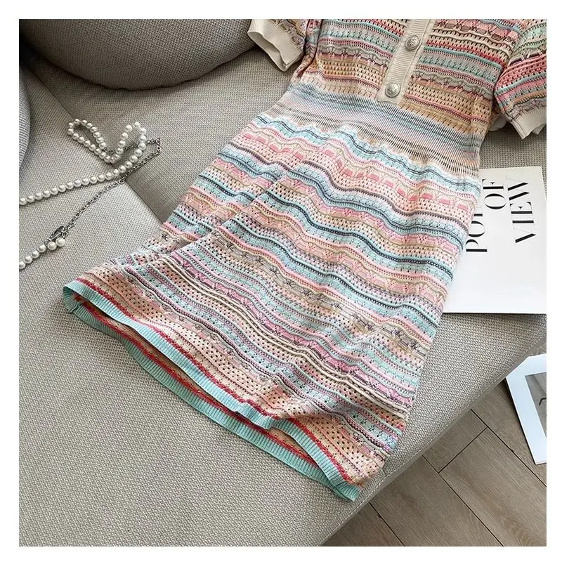 Large Size Summer Women's Short Sleeved Knitted Dress with Ice Silk Hollow Stripes, Slim Fit, Vacation Style A-line Dress