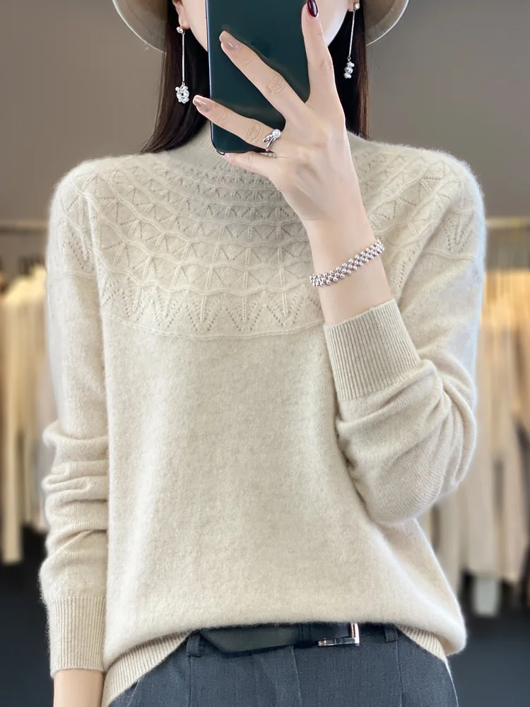 New Fashion Spring Long Sleeve Women Knitted Sweater 100% Merino Wool Mock Neck Pullover Clothing Knitwear Basic Jumper Tops