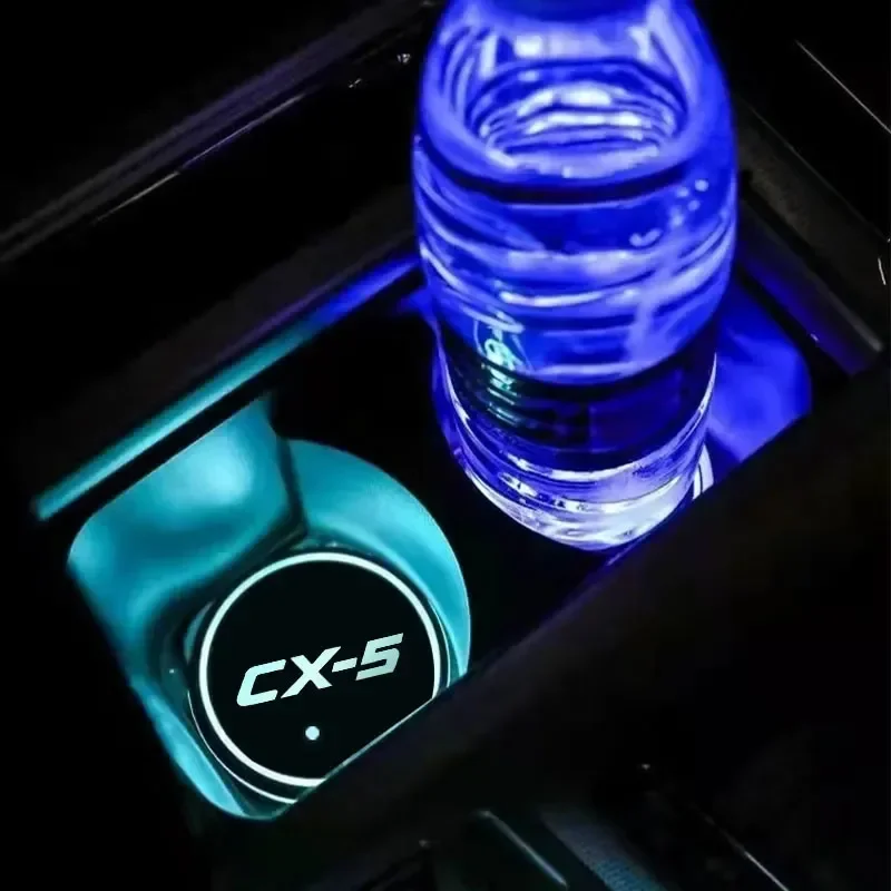 

Mazda CX-5-specific LED illuminated car cup holder, featuring 7-color RGB lighting, USB charging, waterproof and non-slip design