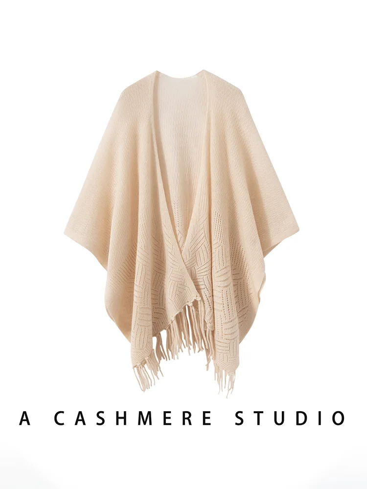 2025 신상 여성 100% 캐시미어 고급 프린지 숄 가을 겨울 두꺼운 랩 우아하고 부드럽고 따뜻한 캐시미어 스웨터 여성 의류 상의