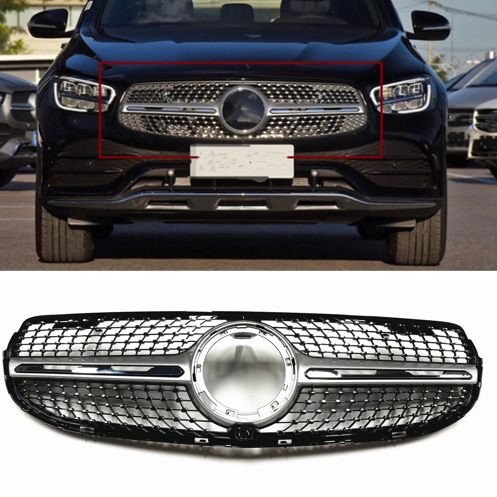 

For Mercedes Benz GLC Class W253/X253 C253 2020-2023 GLC250 GLC300 GLC350 GLC43 Front Grille Upper Bumper Hood Mesh Grid Grill