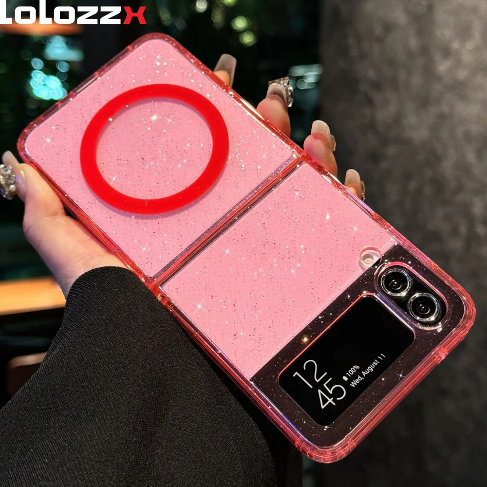 Funda Z Flip 7 con purpurina transparente de carga inalámbrica Magsafe Funda para Samsung Galaxy Z Flip 7 6 5 4 3 Funda transparente Flip7fe