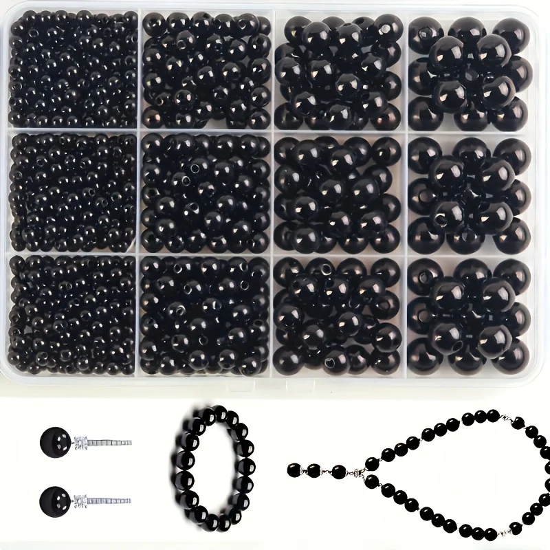 1005pcs 4-10mm Black Solid Color Round Bead Set Can Be Used to Make Necklaces and Bracelets for DIY Production