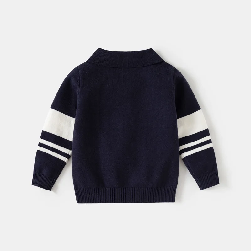 IYEAL Kids Polo Collar Cable Knit Sweater Color Block Striped Long Sleeve Pullover Boys Preppy Style Children Warm Jumper Top