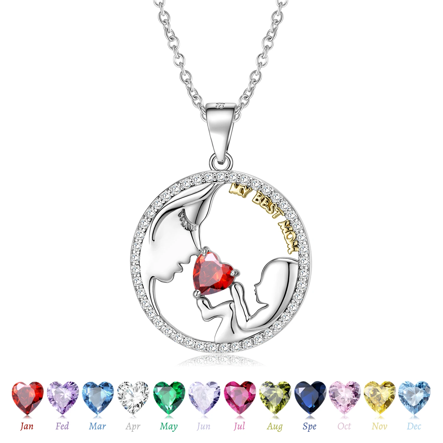 JIUHAO Mother Kisses Baby Heart Zircon Mothers Day Pendant Necklace 925 Sterling Silver Chain Necklace for Women Fine Jewelry