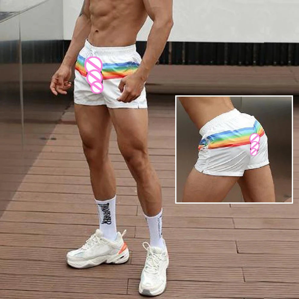 Summer Shorts Men's Invisible Open Crotch Outdoor Sex Rainbow Frenulum Beach Pants Casual Fitness Running  Sweatpants