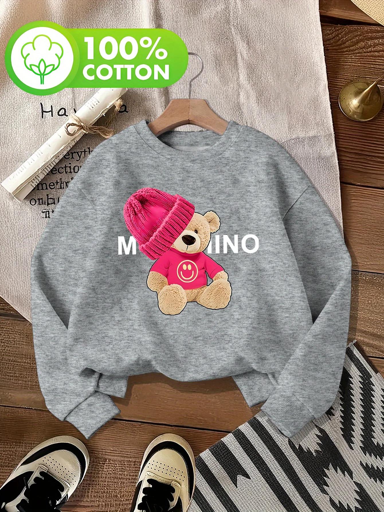 Chapeau rose en peluche mignon et pull sans chapeau en coton Happy Vibe, Style Vintage à la mode pour femmes, automne/hiver 769