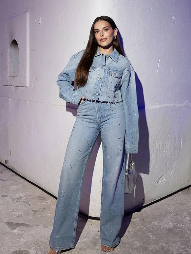 HH Women Rhinestones Decoration Long Sleeves Lapel Short Cowboy Jackets High Waist Straight Zipper Cowboy Trousers Set