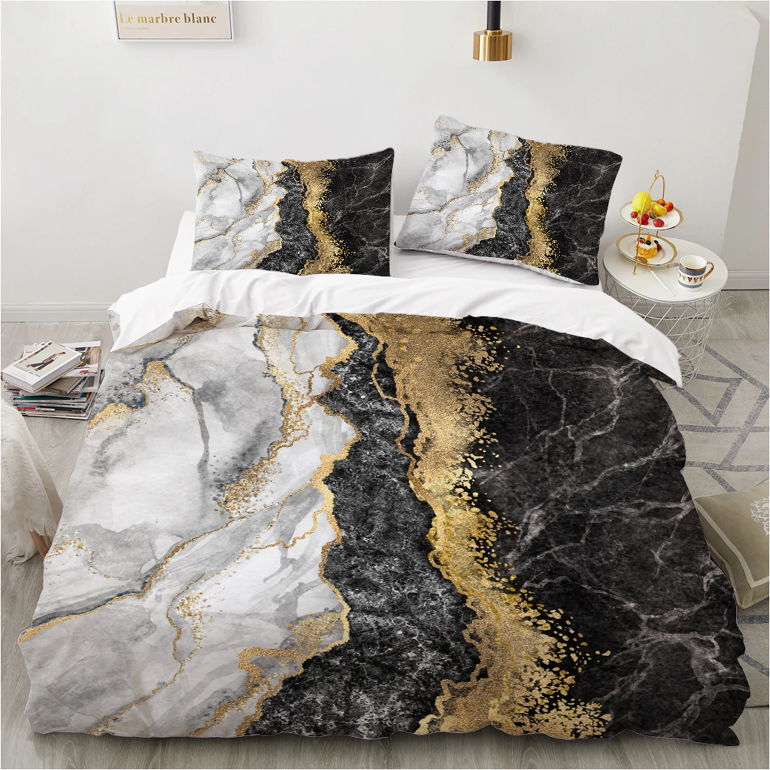 

Marble Gold Bedding Set Queen/King Size Black and Grey Duvet Cover Set Bed Linen 140x200/260x220cm Microfiber for Modern Home