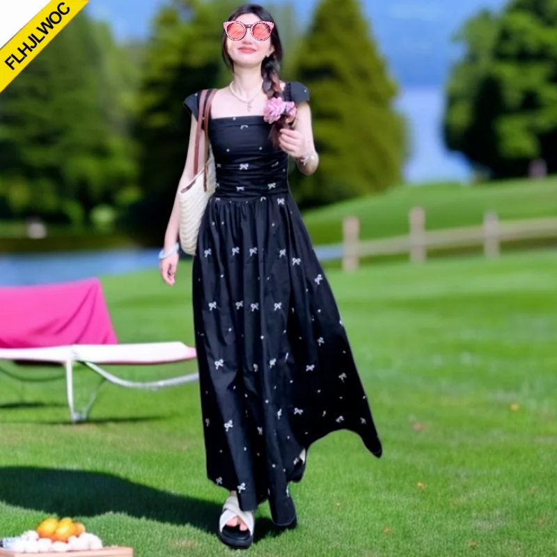 Embroidery Bow Dresses Holiday Date Girl Women Fashion A Line Party Retro Vintage Cotton Blends Black Sleeveless Long Maxi Dress