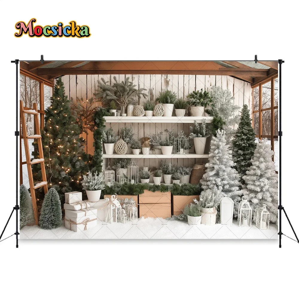 Christmas Tree Greenhouse Background Photography Winter Snowy Potted Plant Wooden Shelf Backdrop Kids New Year Photo Studio