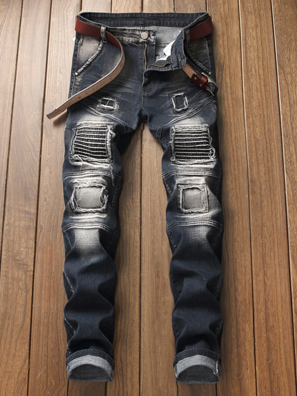 

Men's Ripped Denim Jeans Trendy Pleated Patch Slim Elastic Straight Large Size Poor Man's Pants Punk Sle Casual Cotton Poly...