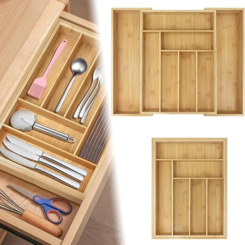 Bamboo Cutlery Drawer Organizer with 6-8 Compartments