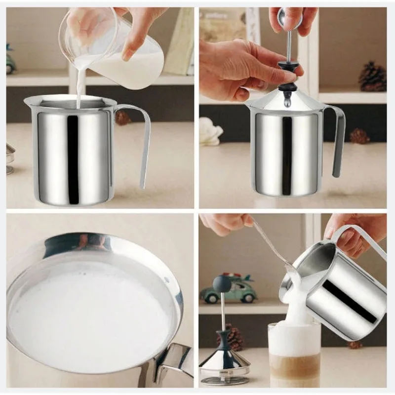 Frother de leite inoxidável, Creamer de malha dupla, Espuma para batedor de ovos, Ferramenta de cozinha, 400ml, 800ml