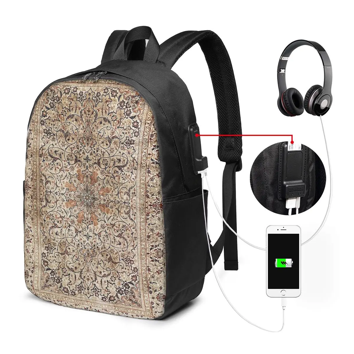 

Silk Esfahan Persian Carpet Print Backpack Travel Notebook Bag Computer College Student School Bag Laptop Shoulder Bags