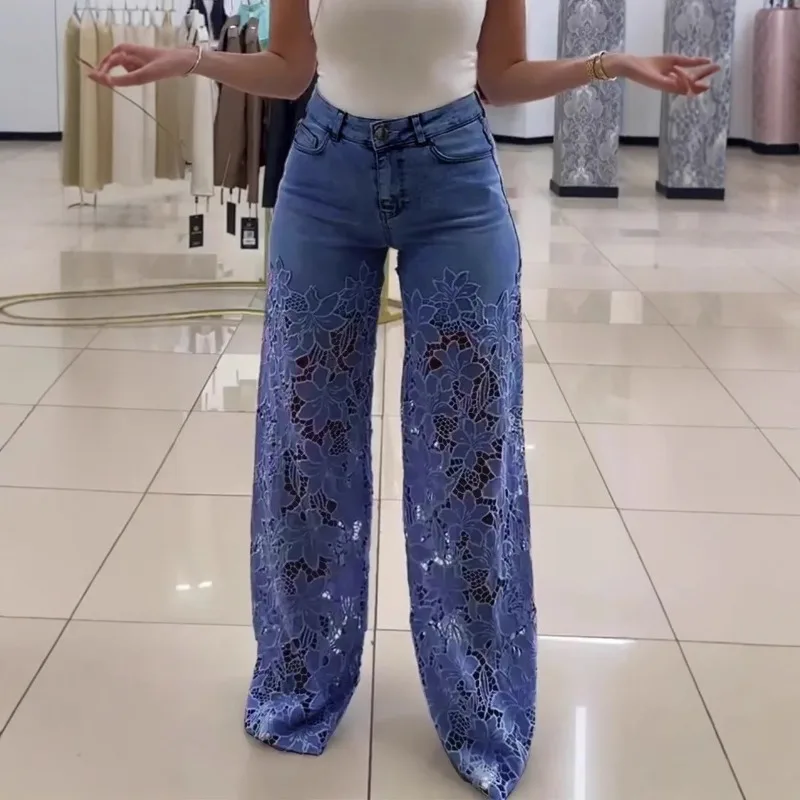 Ladies Lace Hollowed Out Jeans Spring Summer Retro Solid Color Wide Leg Pant 2026Casual Crochet Spliced High Waist Trousers New