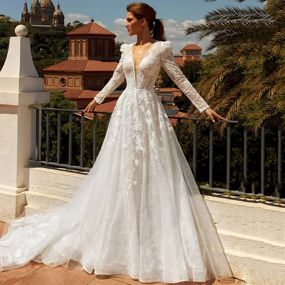 Simple V Neck Ivory Wedding Dresses for Ladies Empire Soft Tulle Bridal Gowns Exquisite Full Sleeve Vestidos De Novia Summer