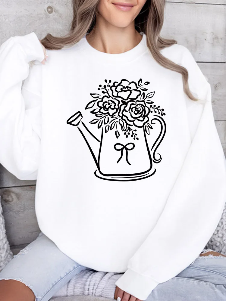 

Женская толстовка с круглым вырезом и принтом «Цветы в лейке», повседневный пуловер с длинными рукавами, свободный крой, для ежедневной носки
