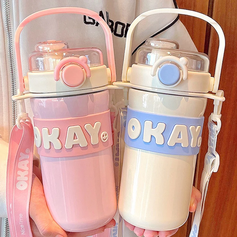 

304 Stainless Steel Thermal Water Bottle with Straw Cute Coffee Insulated Thermos for Kids And Girls Keeps Cold And Hot Drinks