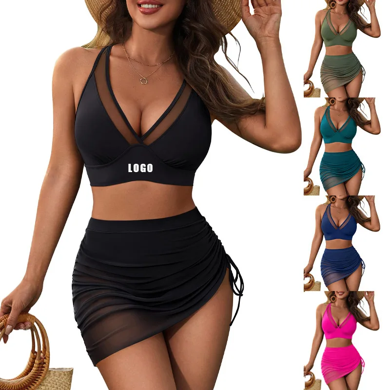 

Customized LOGO Women's V-neck Swimming Skirt High Waist Bikini Swimsuit Mesh Sarong Wrap Swimsuit Two-piece Set S-3XL