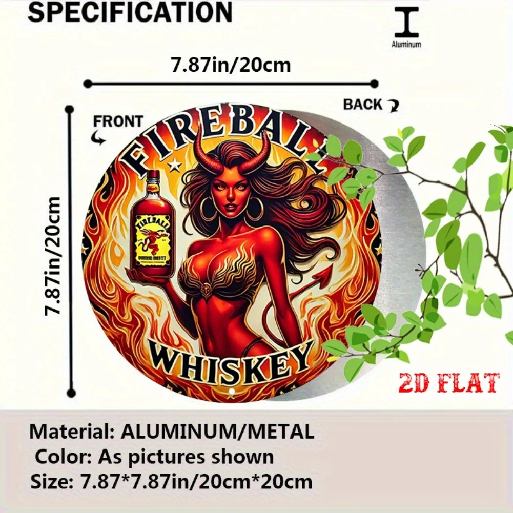 [Vintage Pin-Up Art Sign] 1pc Vintage Pin-Up Art Metal Sign - Devilish Woman with Fire ball Whiskey Bottle, Red-Haired Devil