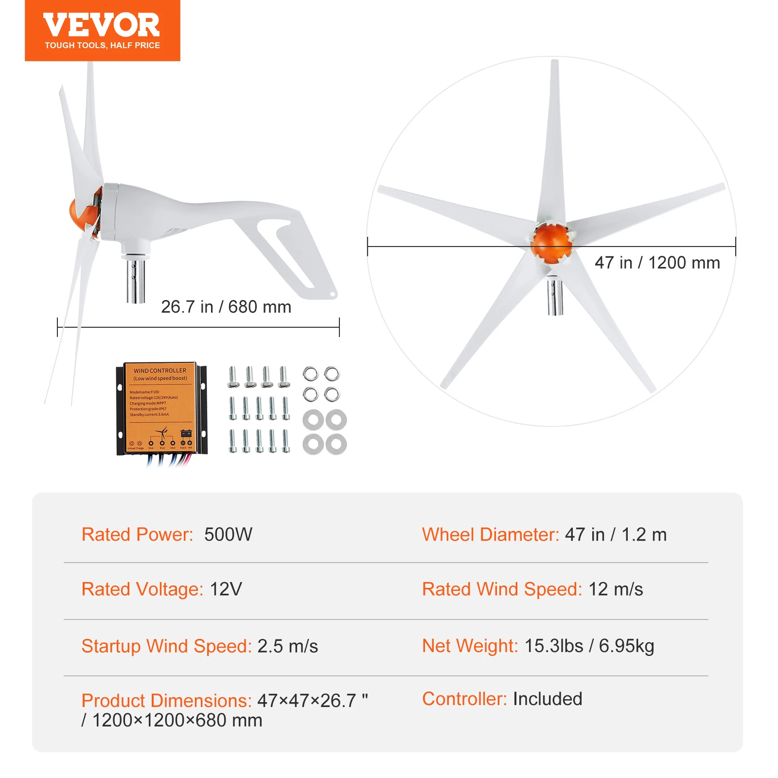 SucceBuy Windturbine Generator 12V 500W/800W Windturbine Windenergie Generator met MPPT Controller Geschikt voor Thuis Boerderij Campers
