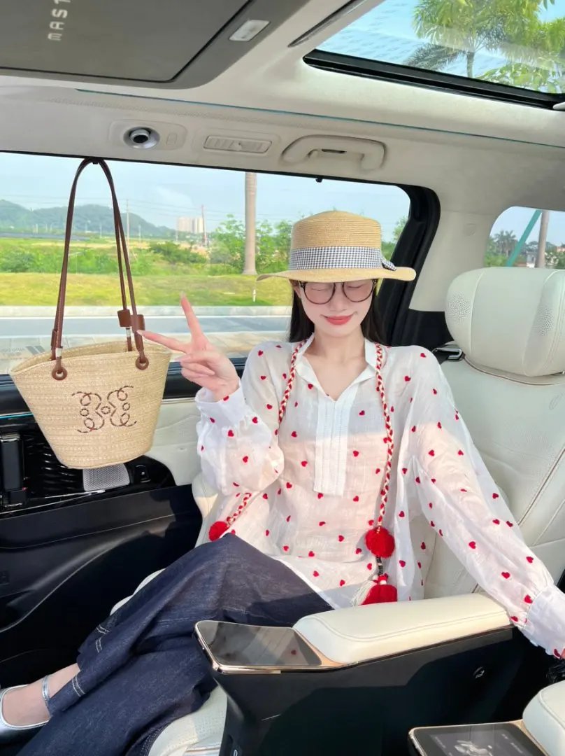 Słodka Dziewczyna Białe Serce Grochy Frędzle Tkana Lniana Damska Letnia Bluzka z Dekoltem w Serek Oddychająca Ochrona UV Długi Rękaw Koreański Styl