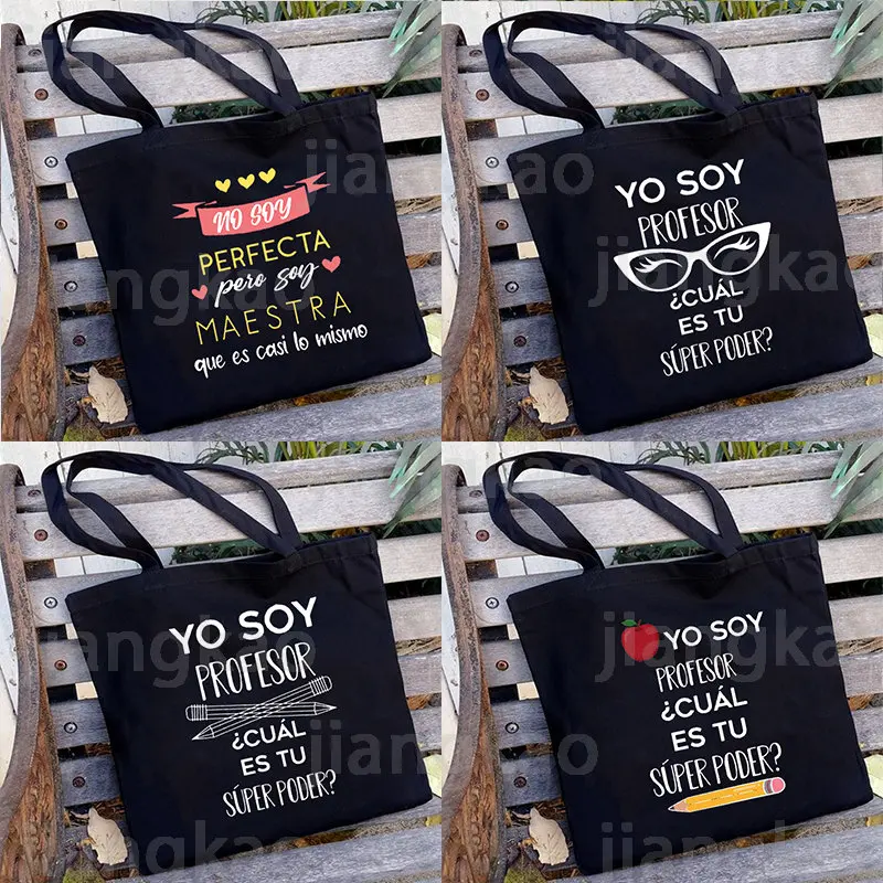 

Yo Soy Profesor Cual Es Tu Superpoder Canvas Shoulder Zipper Bag Women Reusable Handbag Tote Book Storage Bags Best Teacher Gift