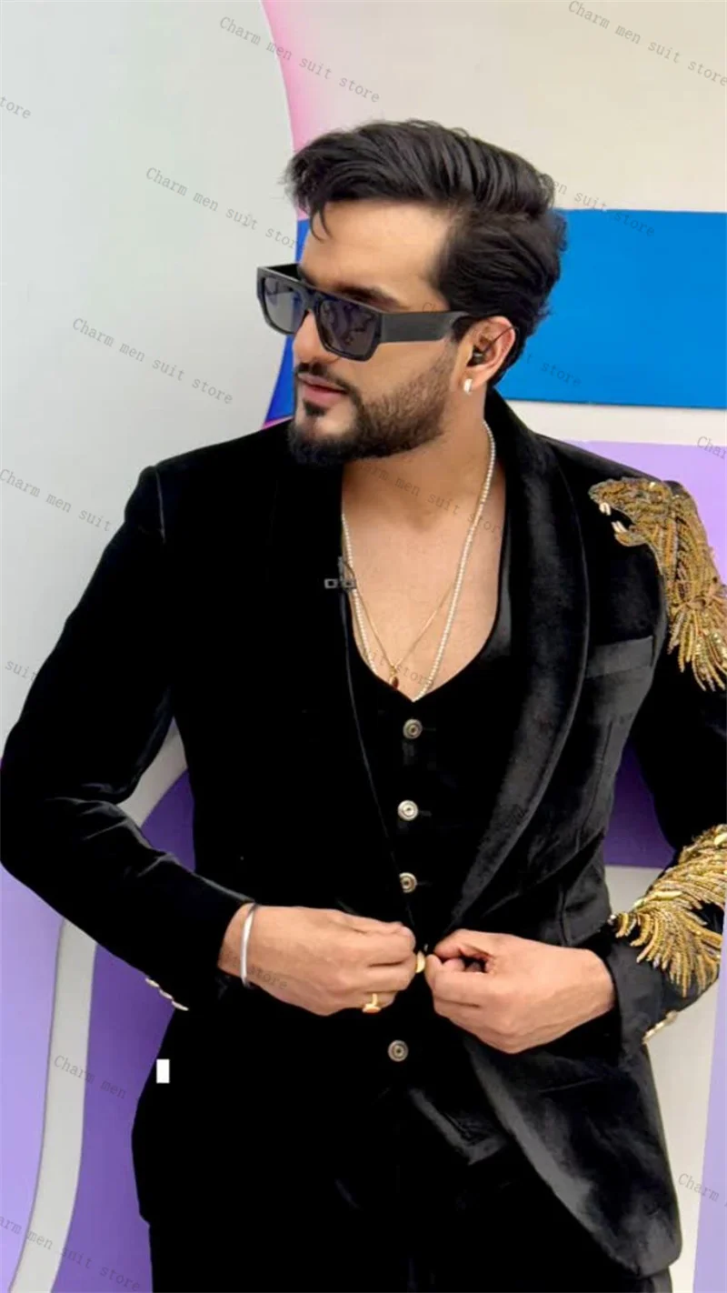 Velvet Black Men Suits Set 2 Pcs Blazer+Pants Trousers Wedding Tuxedos Luxury Crystals Formal Office Customized Jacket Coat