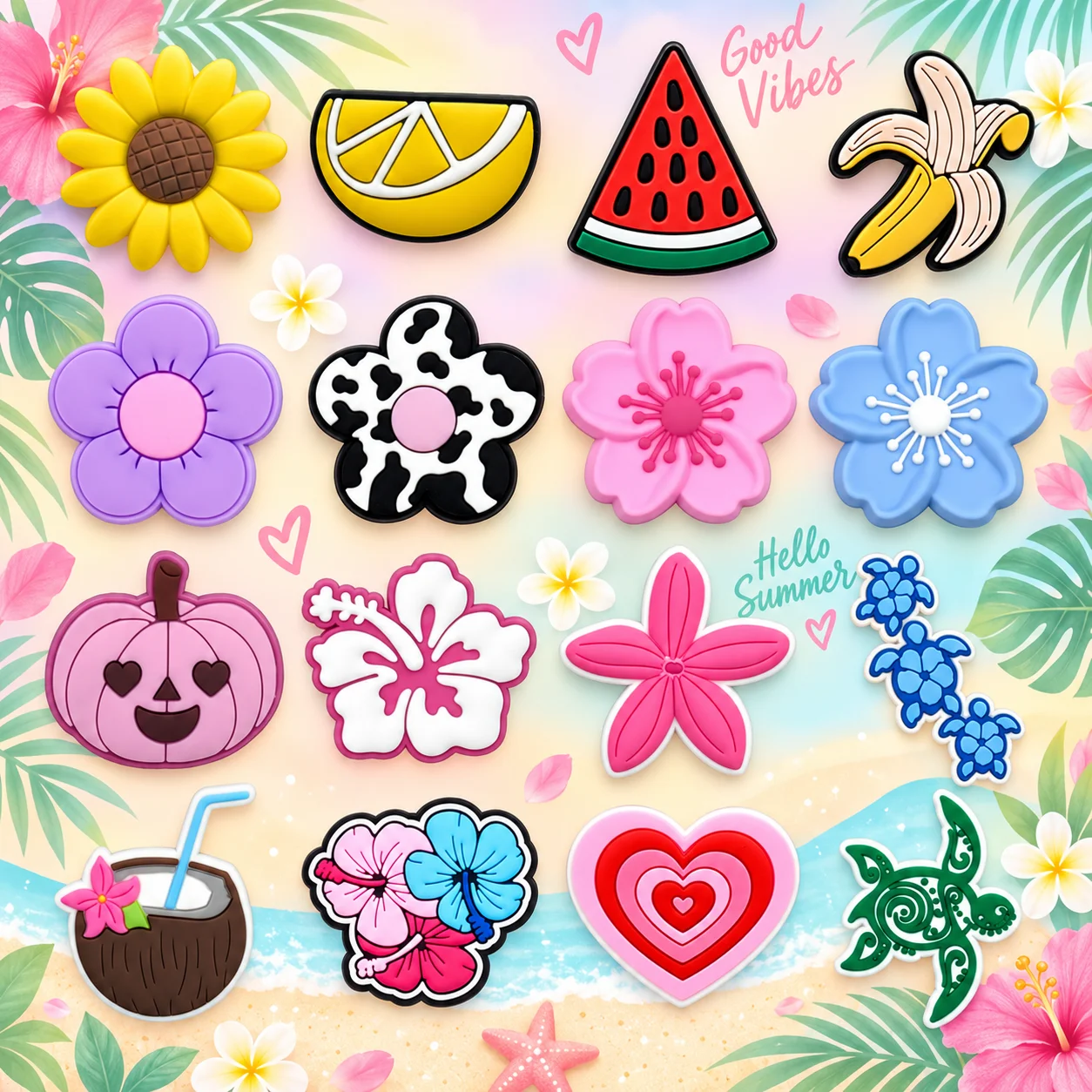 1-16-Piece Set of Flower and Fruit Shoe Charms, Watermelon and Lemon Charms for Shoes, Turtle Sandal and Clog Buckles