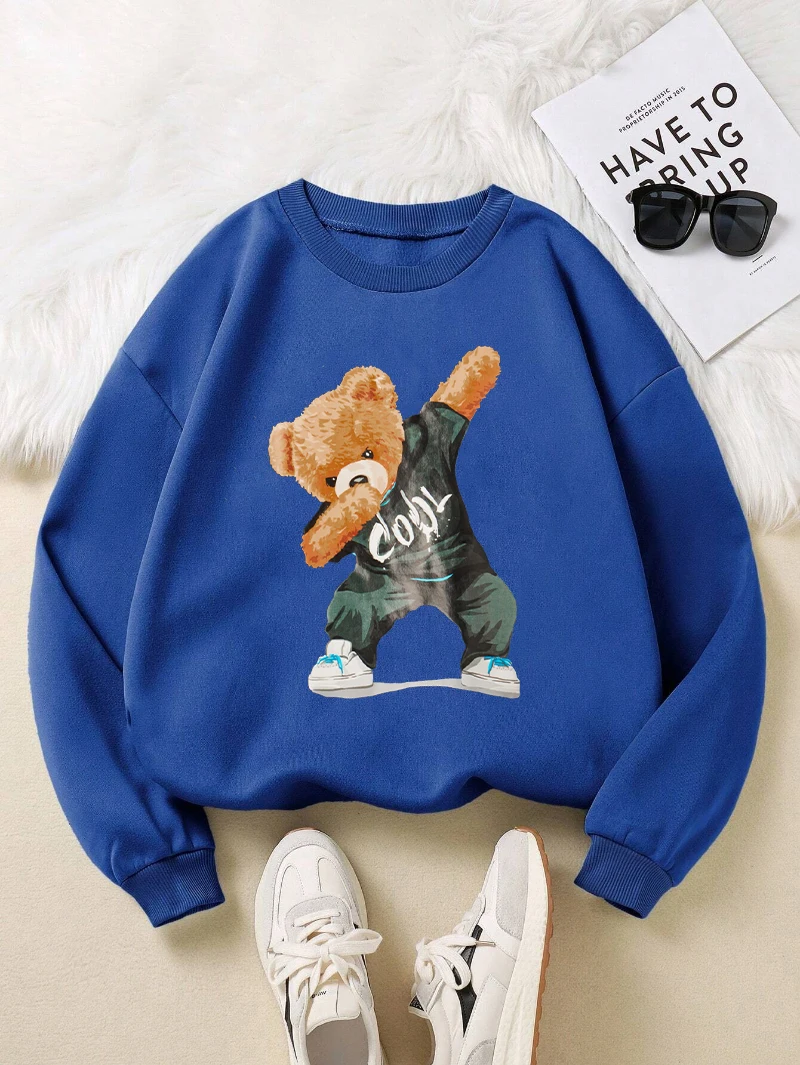 Cool Bear Sweatshirts Women Cartoons Animal Prints Hoodies Fleece Warm Crewneck Loose Pullover Winter Comfortable Female Tops