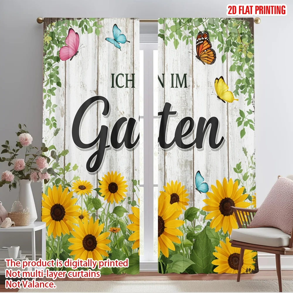 

2pcs 2D flat printing Window Curtains Garden Butterflies Sunflowers Floral 100% Polyester Without Electricity Festive Wall Decor