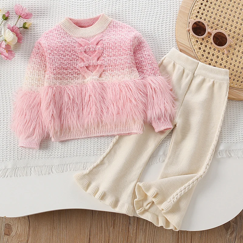 2026 New Spring Baby Girl Knitted Clothes Suit 2-6Yrs Kids Knitted Clothing Suit Long Sleeved Knitted Pullover Sweater+Pants