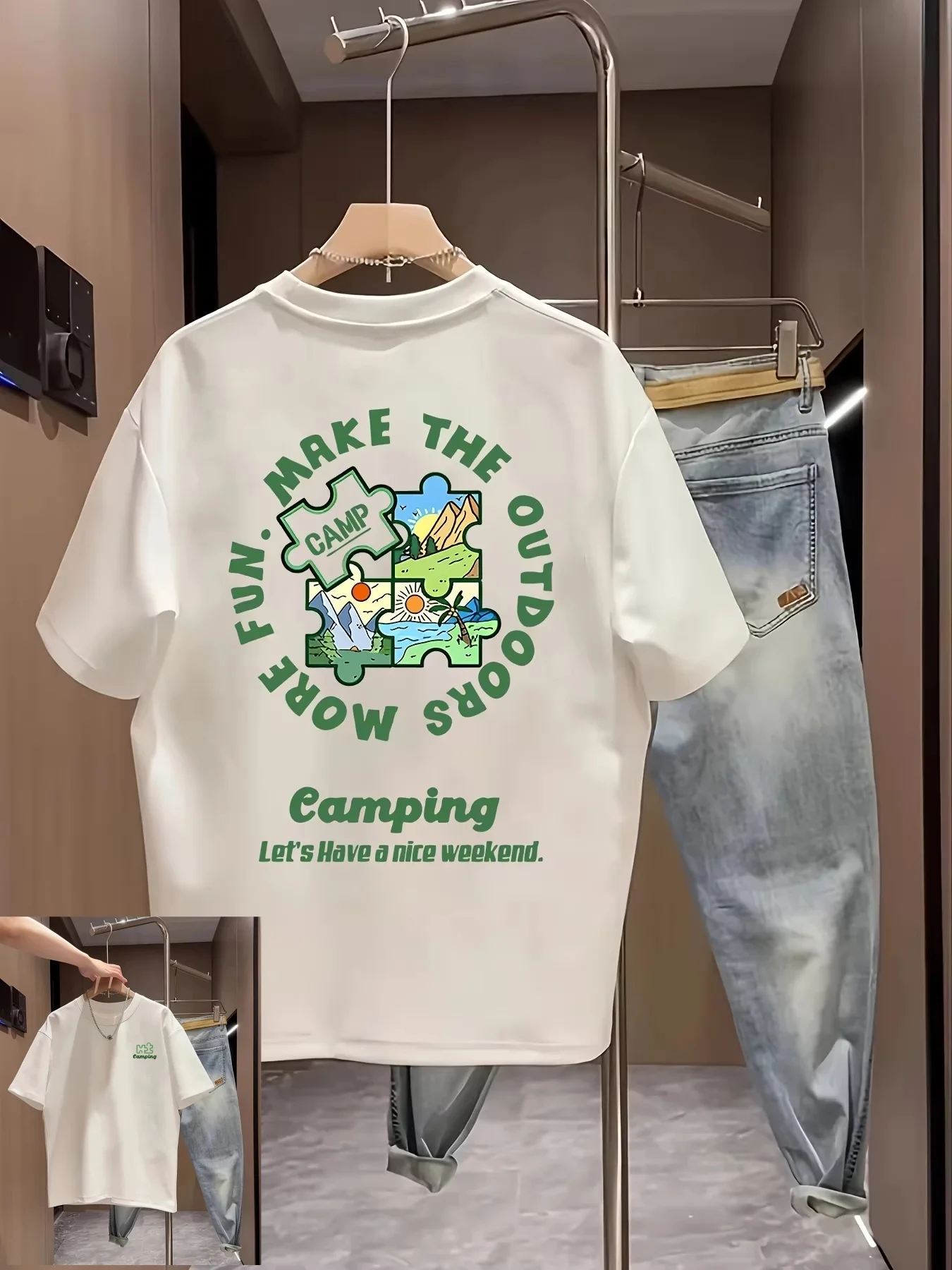 Vintage Outdoor Camping Puzzle Element Printed Unisex Short Sleeve T Shirts with Weekend Trip Letter Design White Basic Tees