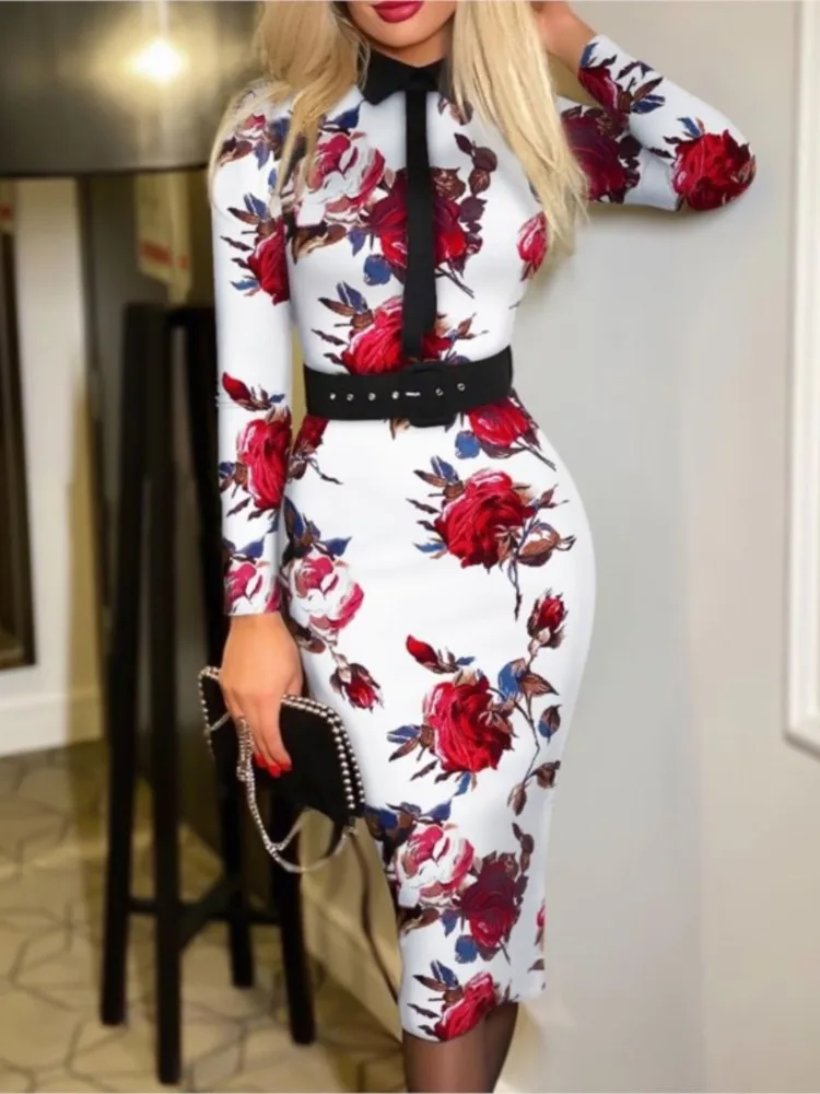 

Autumn Dresses For Women Long Vintage Printed Elegant Collar Belt Slim Fit Full Sleeve Maxi Dresses Female Skinny Party Vestidos