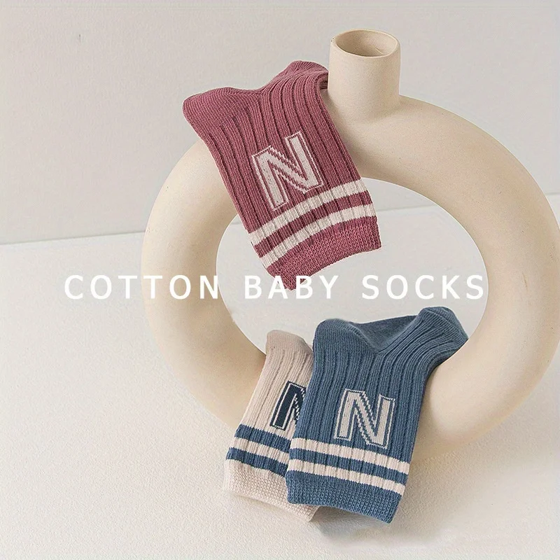 6 Pairs Baby Letter  Mid‑Calf Socks Striped Soft Cotton Toddler Boys Girls Knit Socks