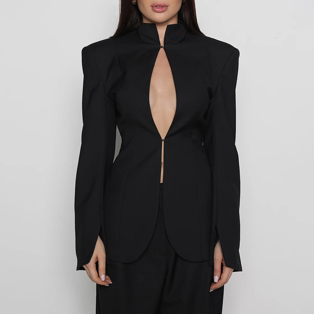 TWOTWINSTYLE Solid Slimming Hollow Out Temperament Jackets for Women Stand Neck Long Sleeves Tunic Minimalist Jacket Female New